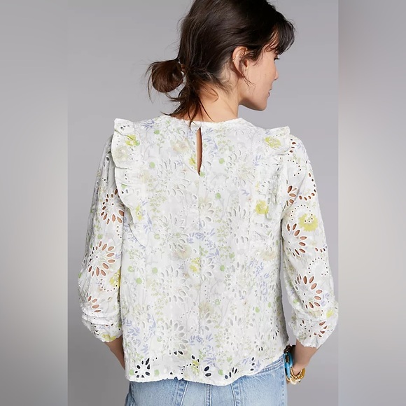 Anthropologie Greylin Piper Eyelet Lace Blouse Size XS Cottagecore Ruffled.   2 - Picture 7 of 9